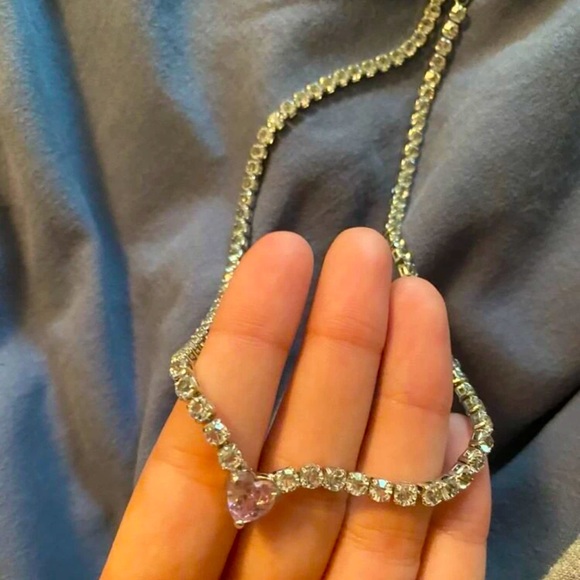 Pink Heart Gemstone, Simulated Cz Rhinestone Tennis, Bridal, Glamorous Necklace - Picture 12 of 15